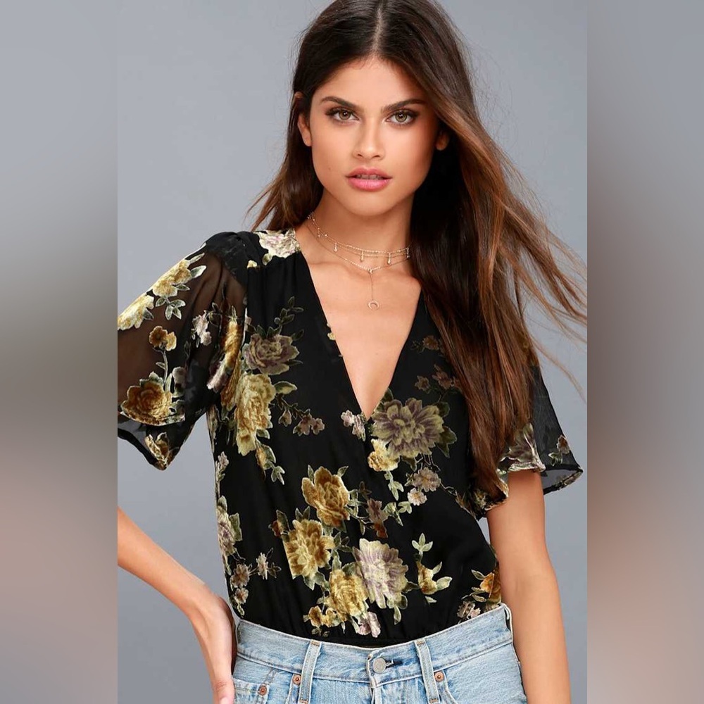 Astr Black Floral Velvet Bodysuit